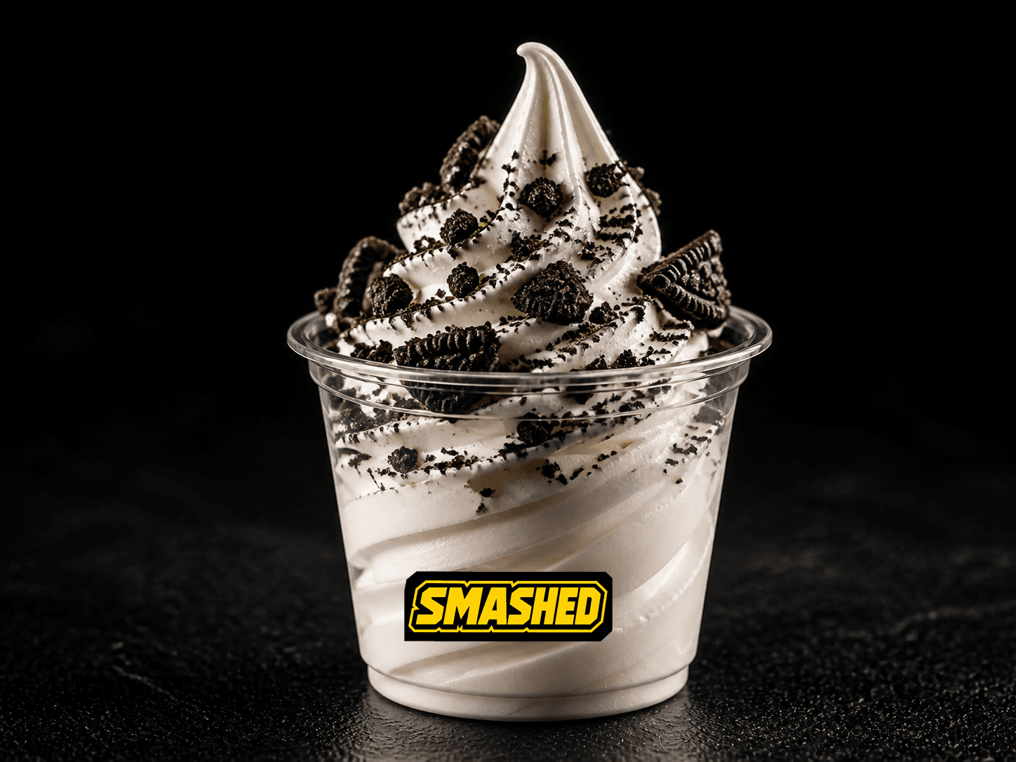 Oreo soft serve in a branded clear cup